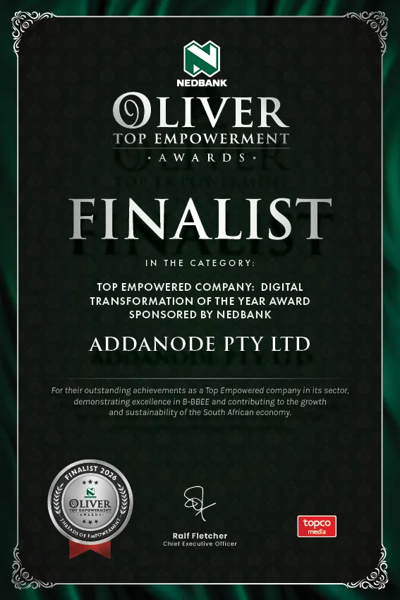 Nedbank Oliver Top Empowerment Awards finalist certificate — Top Empowered Company: Digital Transformation of the Year Award, addanode Pty Ltd