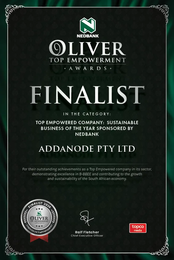 Nedbank Oliver Top Empowerment Awards finalist certificate — Top Empowered Company: Sustainable Business of the Year, addanode Pty Ltd