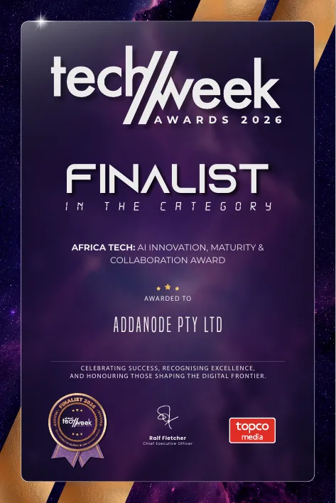 Africa Tech Week Awards 2026 finalist certificate awarded to addanode