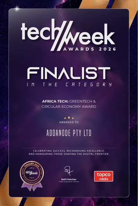 Africa Tech Week Awards 2026 finalist certificate — Africa Tech: GreenTech and Circular Economy Award, awarded to addanode Pty Ltd